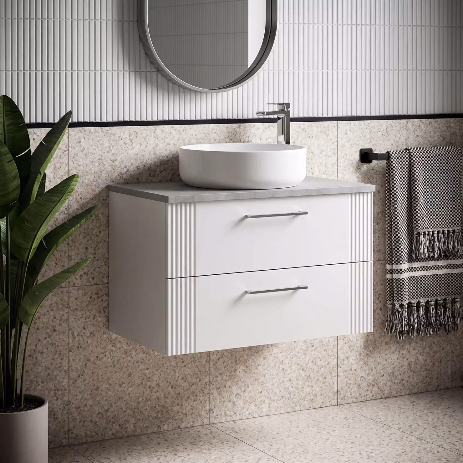 Balterley Wall Hung Bathroom Vanity Unit with 2 Soft Close Drawers and Laminated Worktop, White and Bellato Grey, W/D/H: 120.5 x 39.0 x 37.7 cm – 2