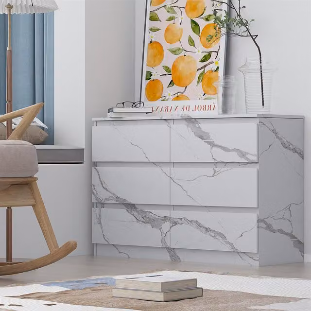 ZITA 6 Drawer Handleless Chest of Drawers in White Marble Effect, W/D/H: 112 x 40 x 75 cm