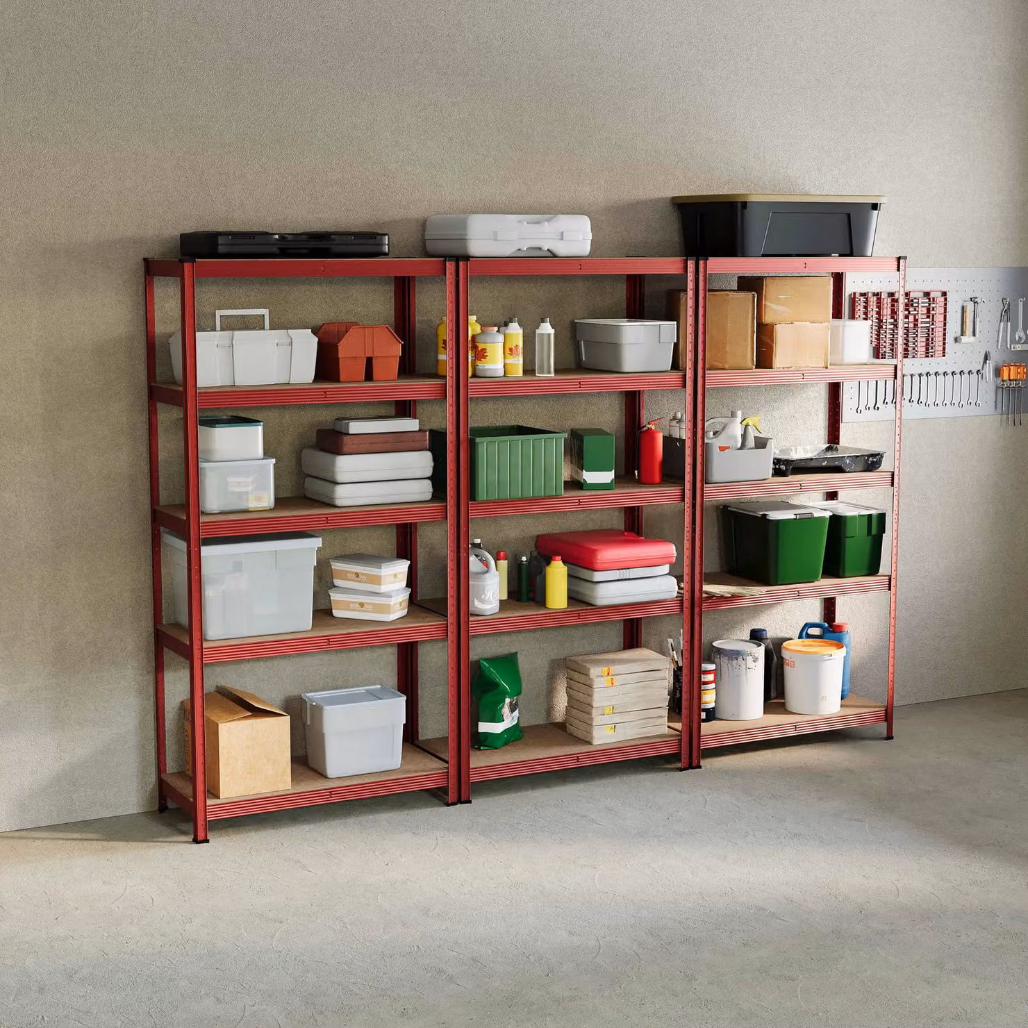 Home Discount Home Vida Set of 3 Heavy Duty 5 Tier Garage Shelves and Work Benches in Red, W: 180 x 90 cm – 1