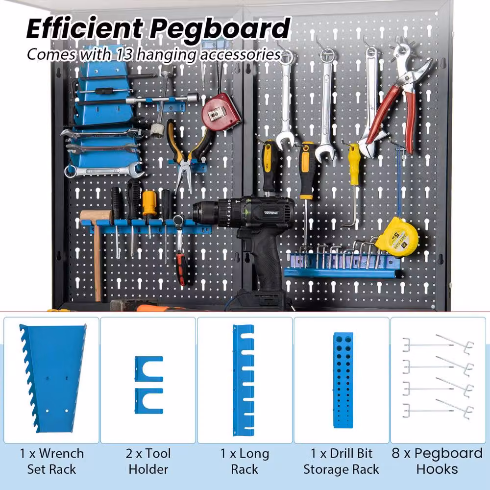 Costway Metal Tool Storage Workbench with Pegboard in Black and Multicolour, W: 156 cm, D: 120 cm, H: 41 cm – 4