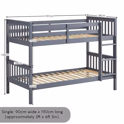 Vida Designs Milan Single Bunk Bed Frame in Grey Solid Pine Wood, W/D/H: 90 x 190 x 143.99 cm – 2