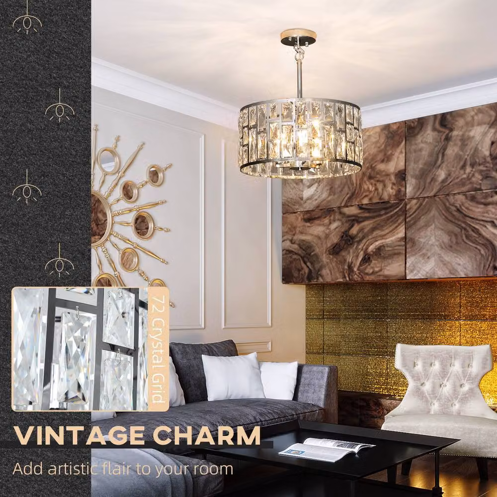 HOMCOM Modern Silver Crystal Chandelier with Adjustable Height and 3-Light E14 Base – 2
