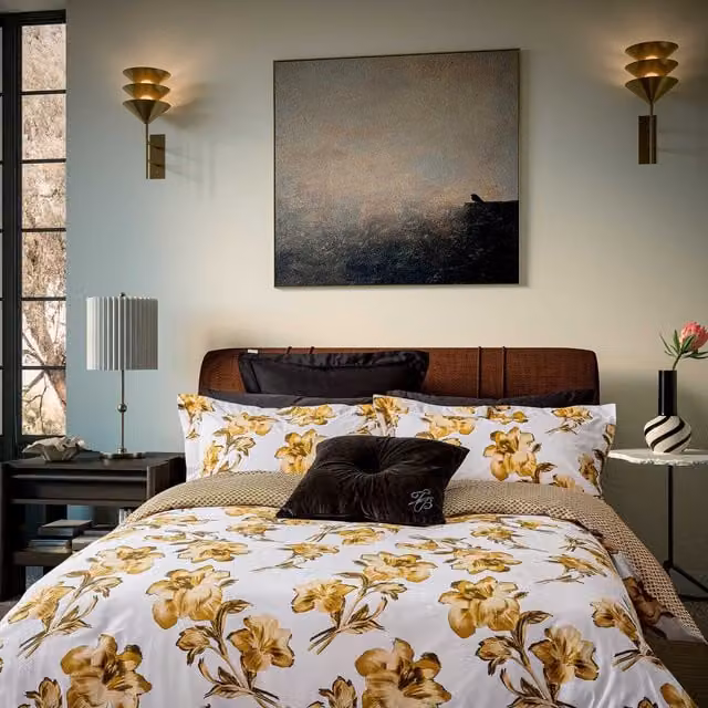 Ted Baker Midnight Garden Reversible Mako Satin Cotton Duvet Cover and Pillowcase Set in Multicolour Gold and Yellow, W/D/H: 200 x 220 cm