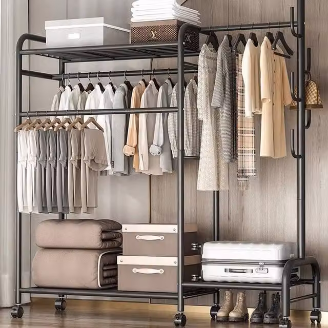 EONLION Black Double Clothes Rail Stand Garment Hanging Rack W/D/H: 50 x 50 x 165 cm