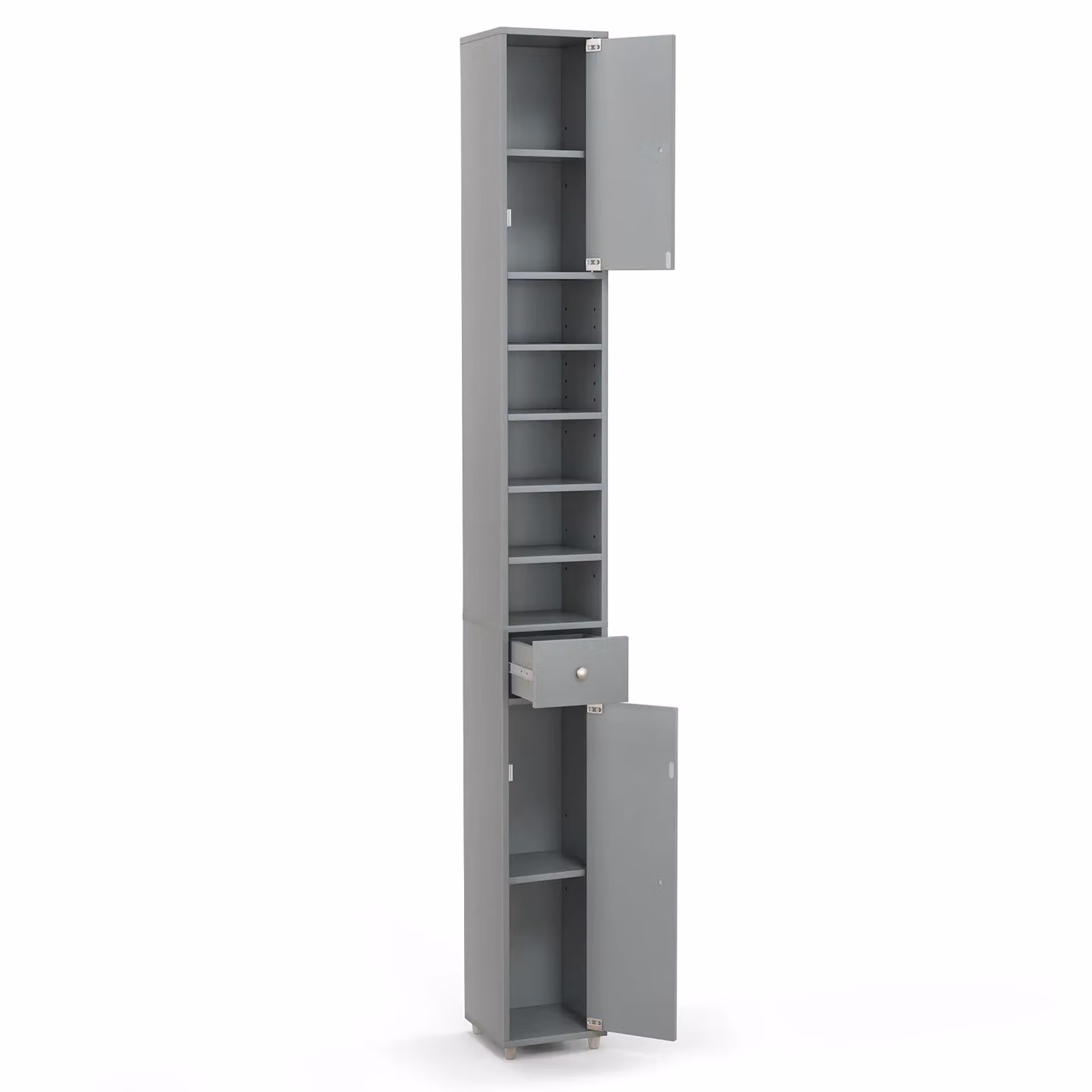 Gymax Slim Grey Bathroom Tall Linen Tower with 2 Doors and 1 Drawer – 3
