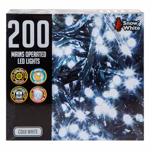 VFM Cool White LED Christmas Fairy Lights, 200 LEDs, 6m String, Mains Operated – 7