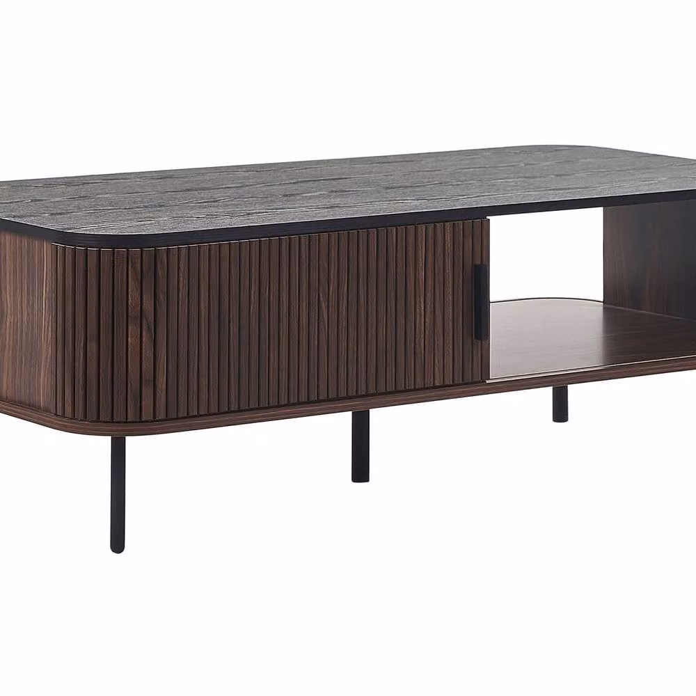 Wyld and Coco Retro Brown Rectangular Coffee Table with Storage and Sliding Doors W/D/H: 120 x 60 x 41 cm – 2