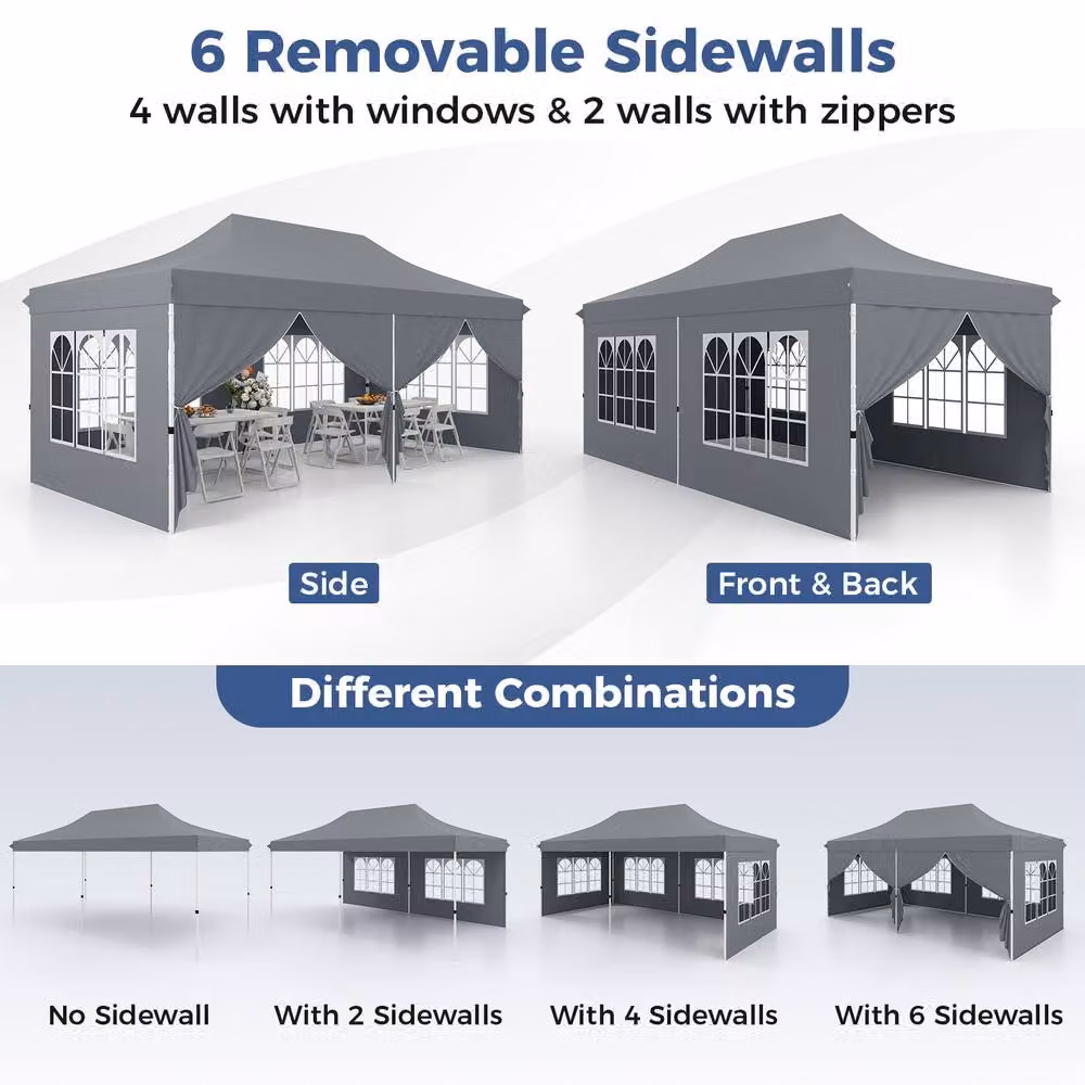 Gymax Portable Instant Pop Up Canopy Gazebo Tent with Windows, Grey, W: 6 m, D: 3 m – 4