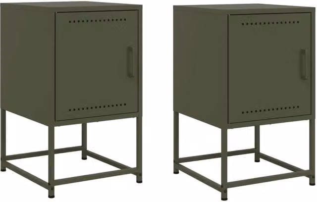 Berkfield Home Set of 2 Industrial Metal Bedside Cabinets, Olive Green, W: 36 cm, D: 39 cm, H: 60.5 cm
