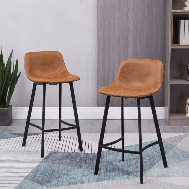 HOMCOM Set of 2 Industrial Bar Stools with Brown Synthetic Leather and Metal Frame – 1