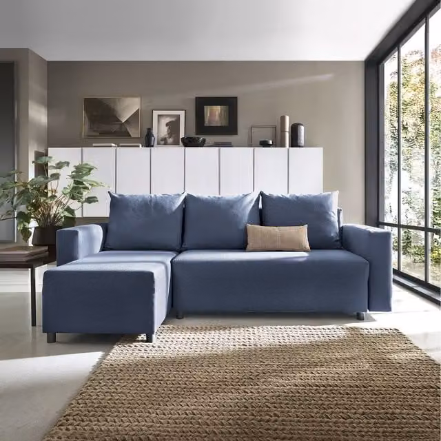 Abakus Direct Oslo Reversible L-Shape Corner Sofa Bed in Dark Blue Fabric with Sleeping Function and Removable Covers