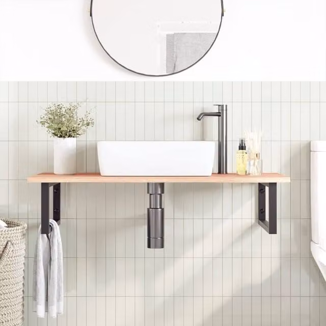 Berkfield Home Elegant Wall Mounted Basin Shelf in Light Brown Oak and Black Steel – 1