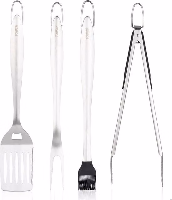Tower 4 Piece BBQ Tool Set with Hanging Loop in Stainless Steel and Red – 1