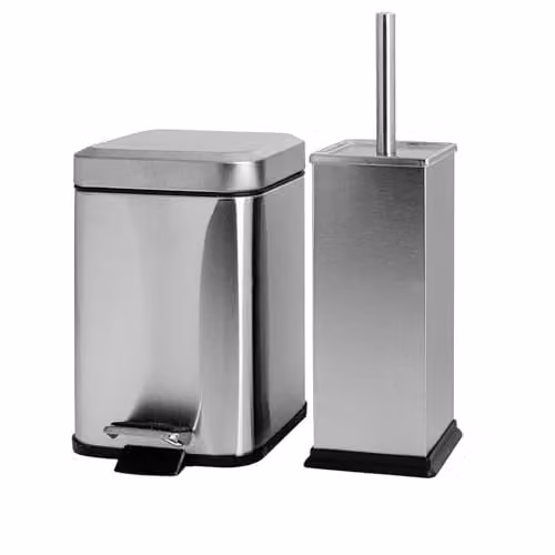 Harbour Housewares 3L Square Stainless Steel Pedal Bin and Toilet Brush Set in Silver – 1