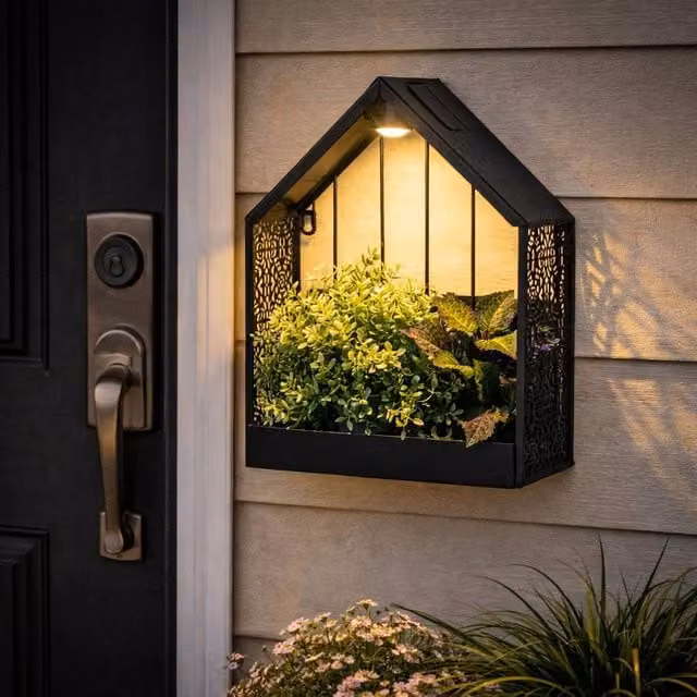 Gardenwize Solar House Wall Planter with Warm White LED Light, Black Metal, W/D/H: 40 x 12 x 12 cm