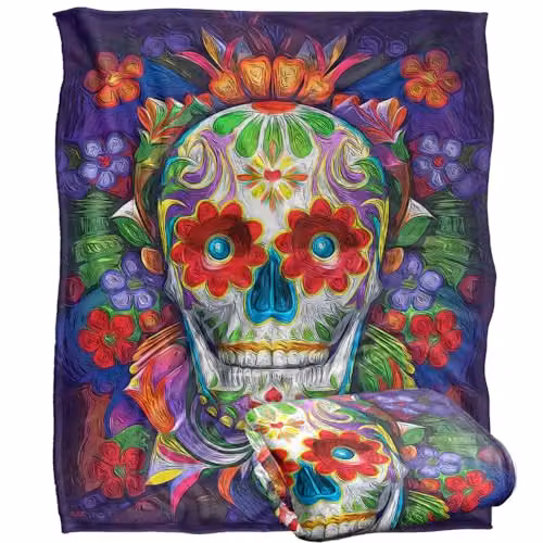 JQ Licensing James Piazza Colorful Sugar Skull Super Soft Fleece Throw Blanket, Multicolour and White, W/D/H: 152 x 127 cm – 1