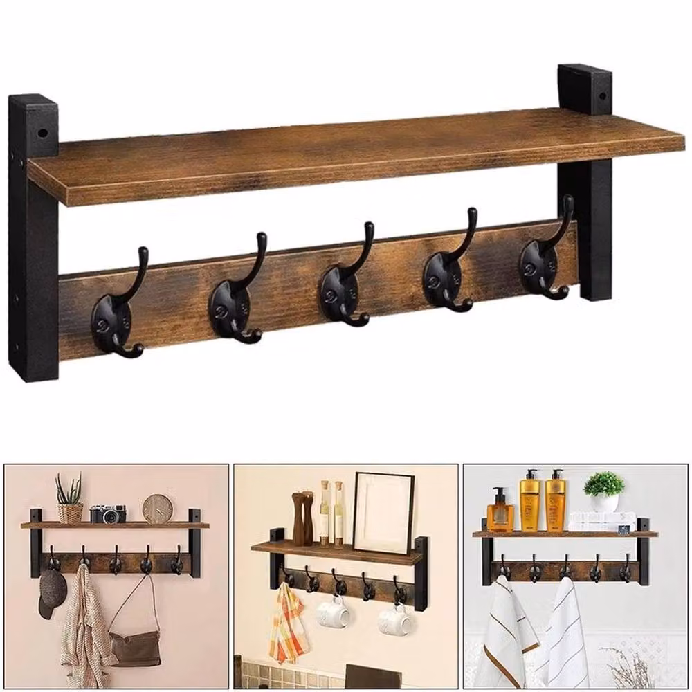 EONLION Wall Mounted Wood Coat Rack with Shelf and 5 Dual Hooks in Dark Brown – 4