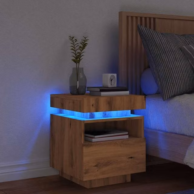Berkfield Home Bedside Cabinet in Artisan Oak Brown with Integrated LED Lights W/D/H: 40 x 39 x 48.5 cm – 1