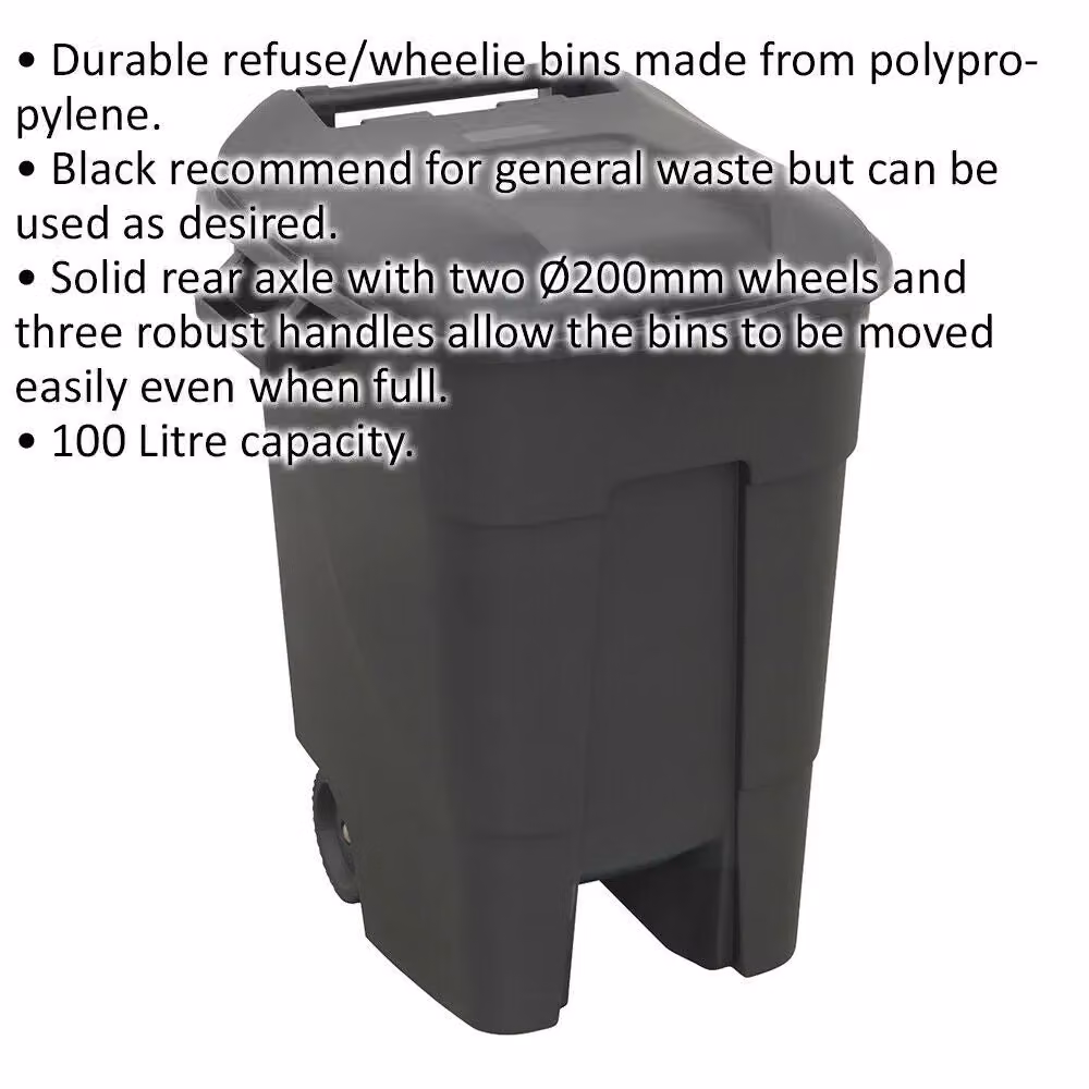 Loops 100 Litre Capacity Black Plastic Wheelie Bin with Flip Lid and Two 200mm Wheels – 2