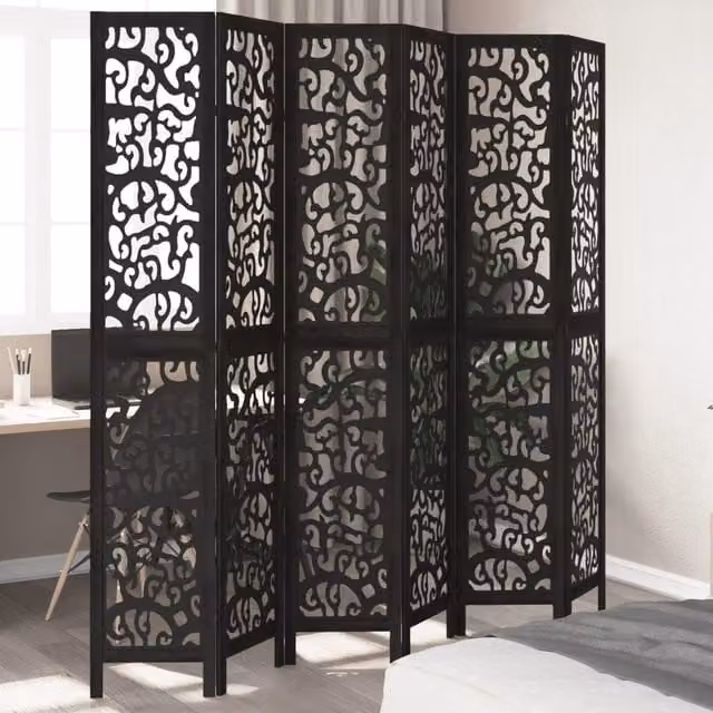Berkfield Home 6 Panel Black Solid Paulownia Wood Room Divider