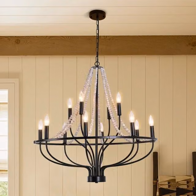 Garwarm 12-Light Dimmable Rustic Wagon Wheel Chandelier with Beaded Accents in Black and Wood