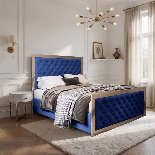 Casani Latimer Upholstered Velvet Bed Frame in Blue and Black, W/D/H: 120 x 200 cm – 1