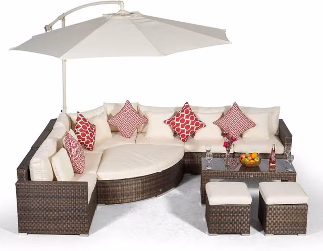 Giardino Santorini 6 Seat Rattan Sofa Set with Large Coffee Table and Ottoman Stools in Brown and Grey