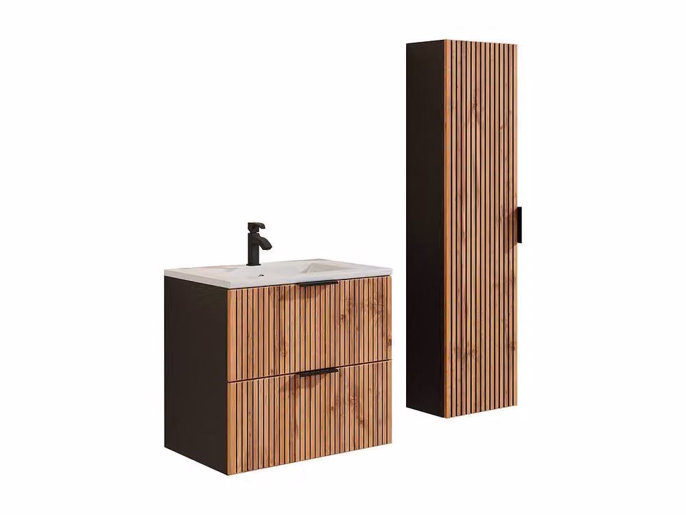 Vente-unique Striped Wall-Mounted Bathroom Furniture Set in Black with Ceramic Inset Sink, Tall Cabinet and LED Lighting – 2