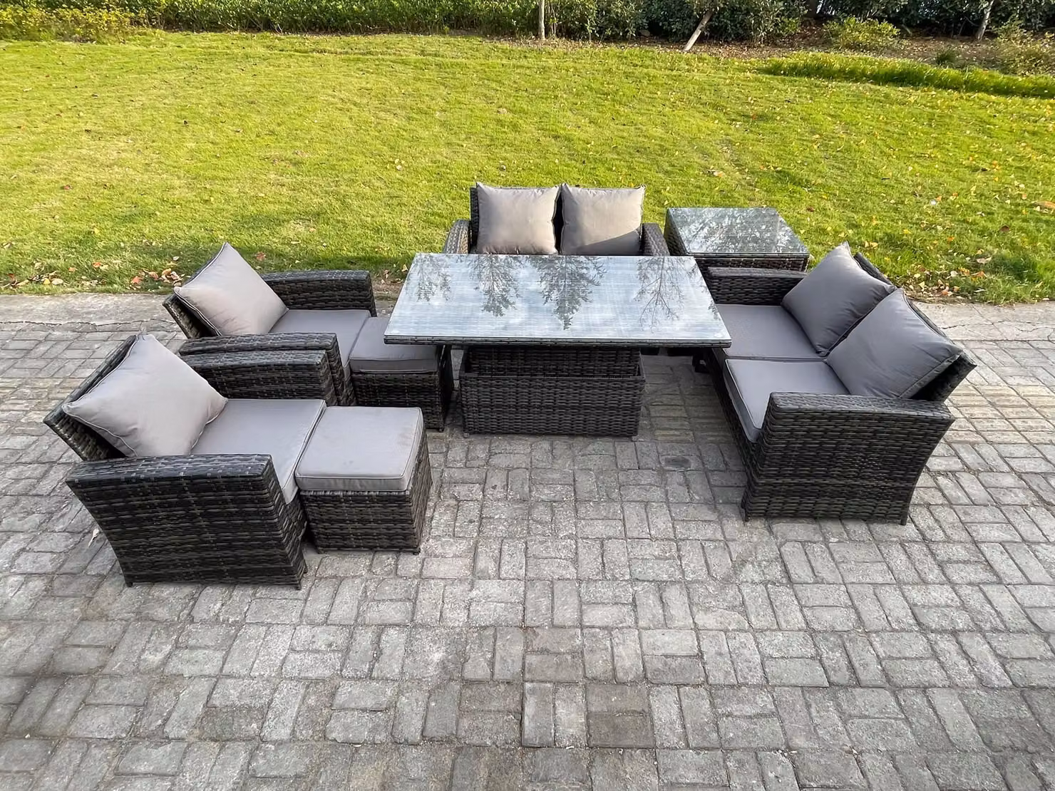 Fimous 8 Seater Rattan Garden Furniture Set with Height Adjustable Glass Top Table and Double Seat Sofa in Dark Grey