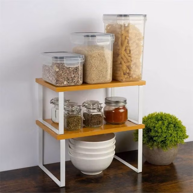 Nordara Set of 2 Stackable Kitchen Cupboard Shelf Organisers in White and Beige