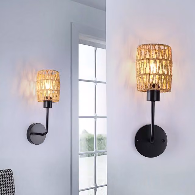 Garwarm Set of 2 Brown Farmhouse Rattan and Metal Dimmable Armed Wall Sconces