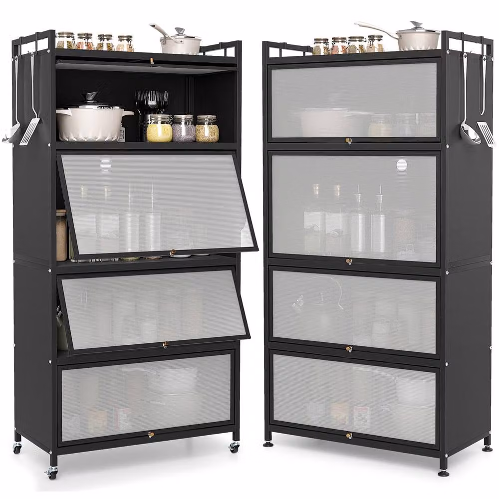 Gymax 5-Tier Rolling Kitchen Storage Cabinet and Microwave Stand with Hinged Doors in Black – 8