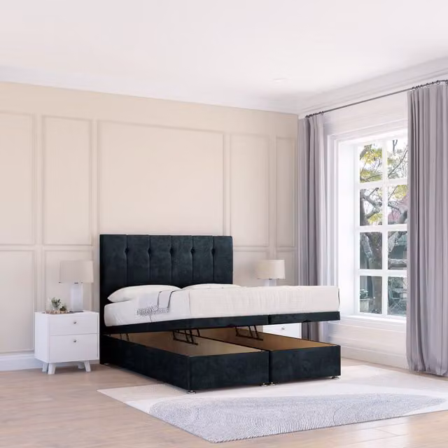 Sloomy Highbury Naples Black Fabric Ottoman Bed with Sprung Memory Mattress and 26 Inch Strut Headboard, Single, W/D/H: 90 x 200 cm
