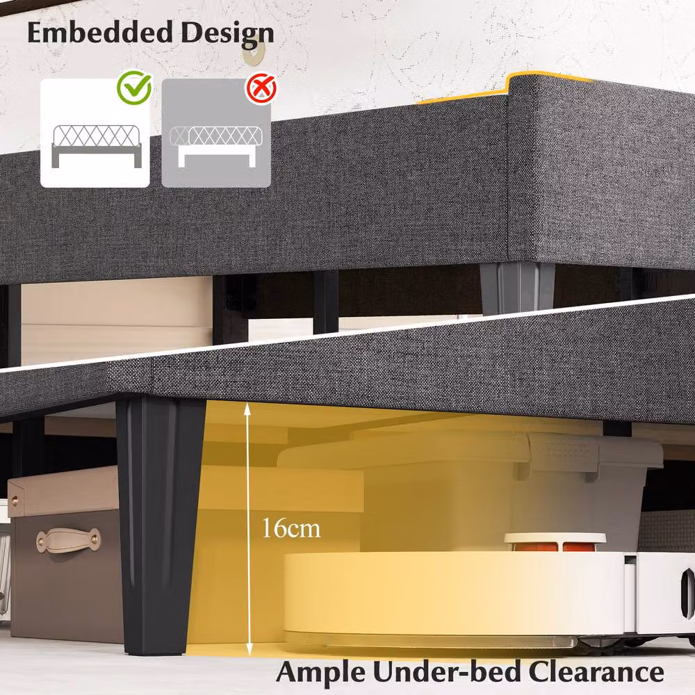 Costway King Size Upholstered Linen Fabric Platform Bed Frame with Headboard in Grey, W/D/H: 180 x 200 cm – 7
