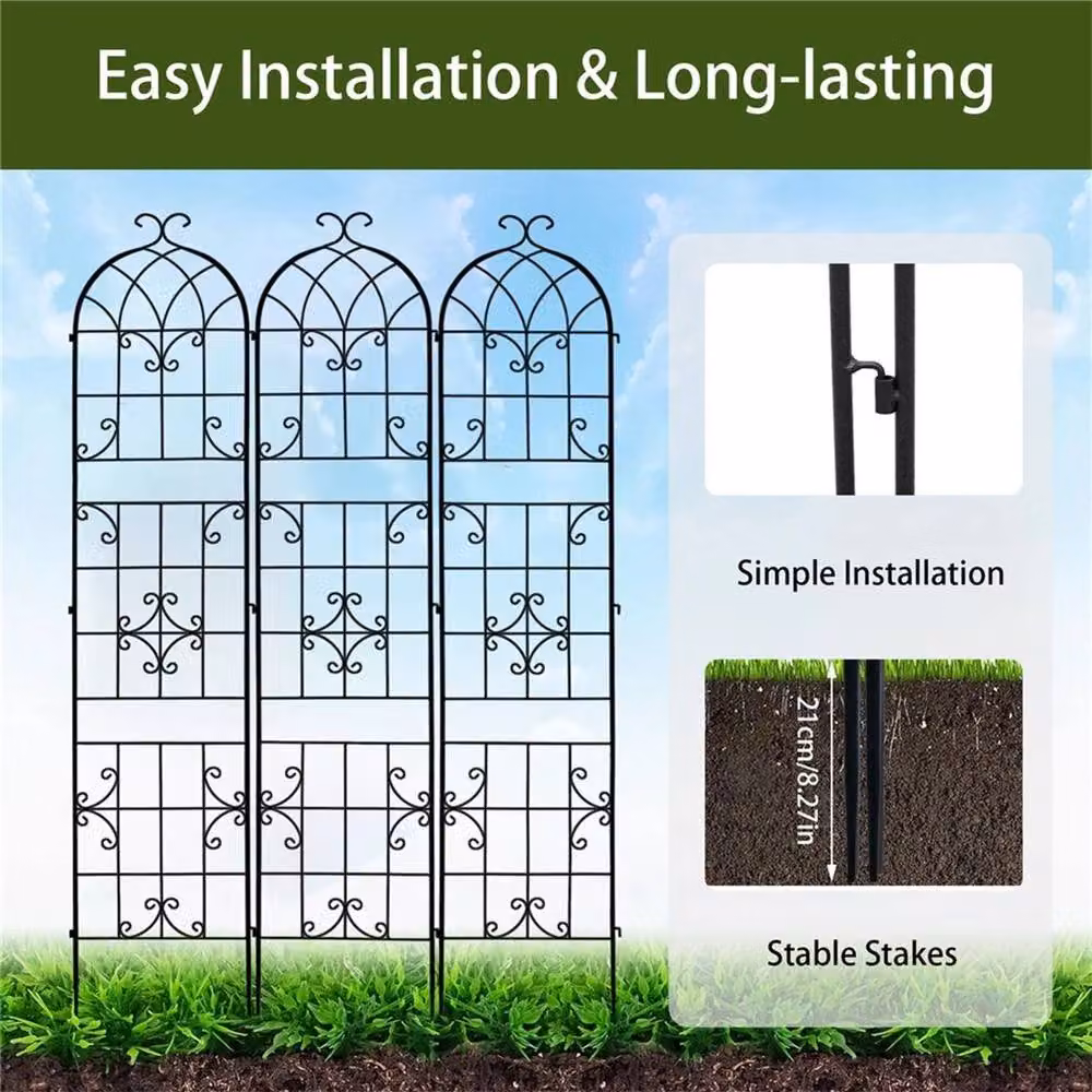 NESTLUNE Set of 3 Black Metal Garden Trellis Supports for Climbing Plants and Flowers, H: 100 cm, W: 15 cm, D: 15 cm – 3