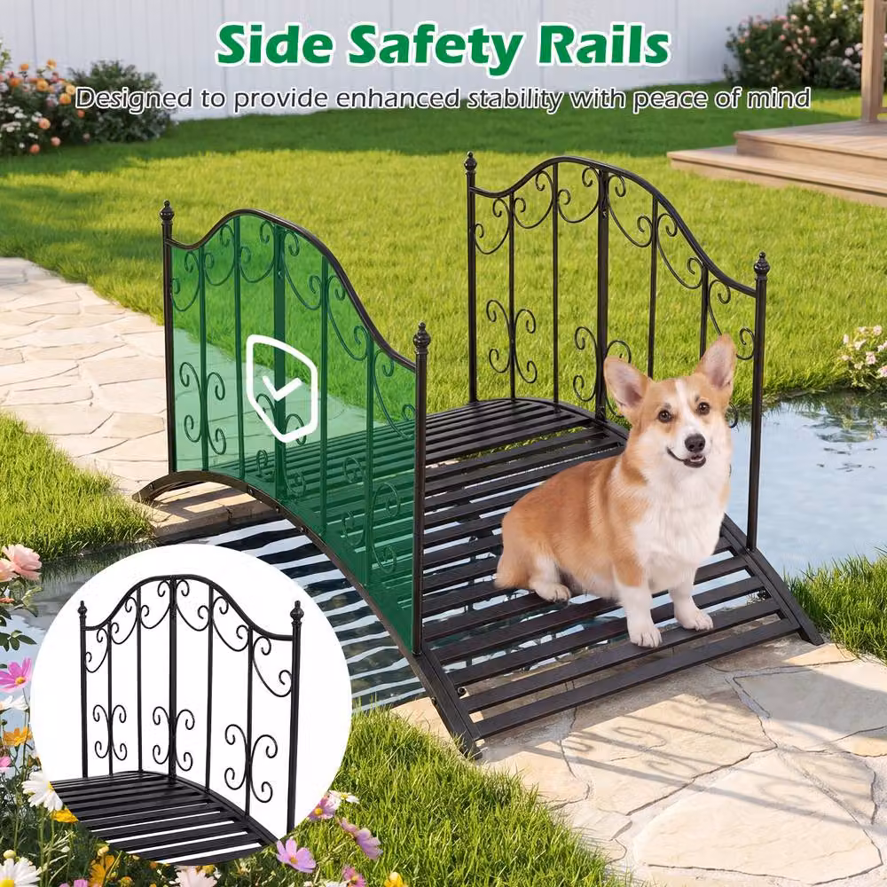 Gymax Arched Garden Bridge with Dual Patterned Metal Side Rails in Black, 118 cm – 6