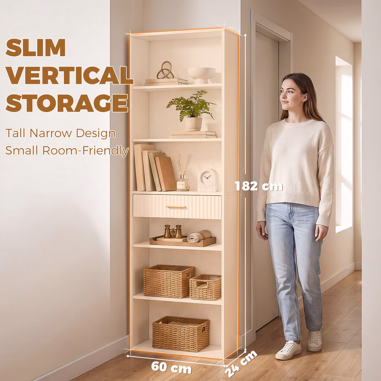 HOMCOM Modern Narrow Tall Space-Saving Bookshelf with Drawer and Open Shelves, White, W: 60 cm, D: 24 cm, H: 182 cm – 2