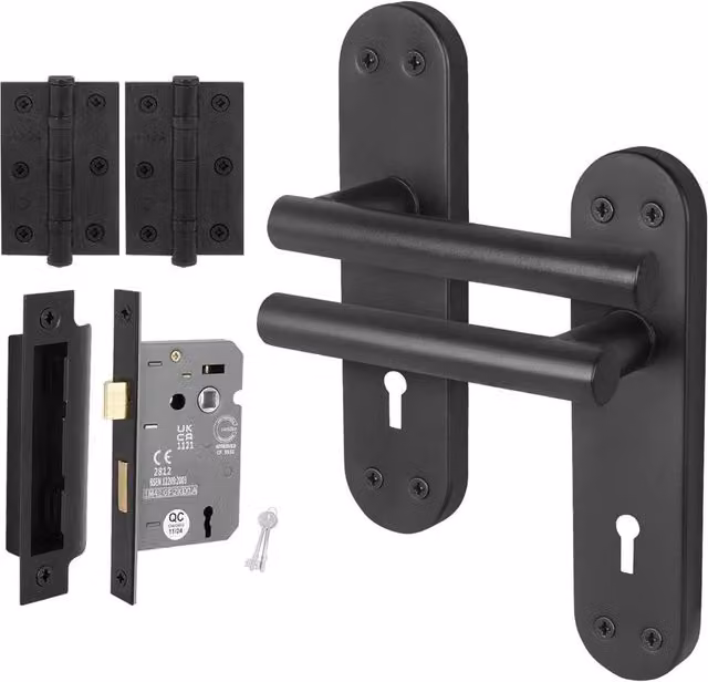 AFIT Matt Black T-Bar Handle Sashlock Hinges and Backplate Set, 1 Pair – 1