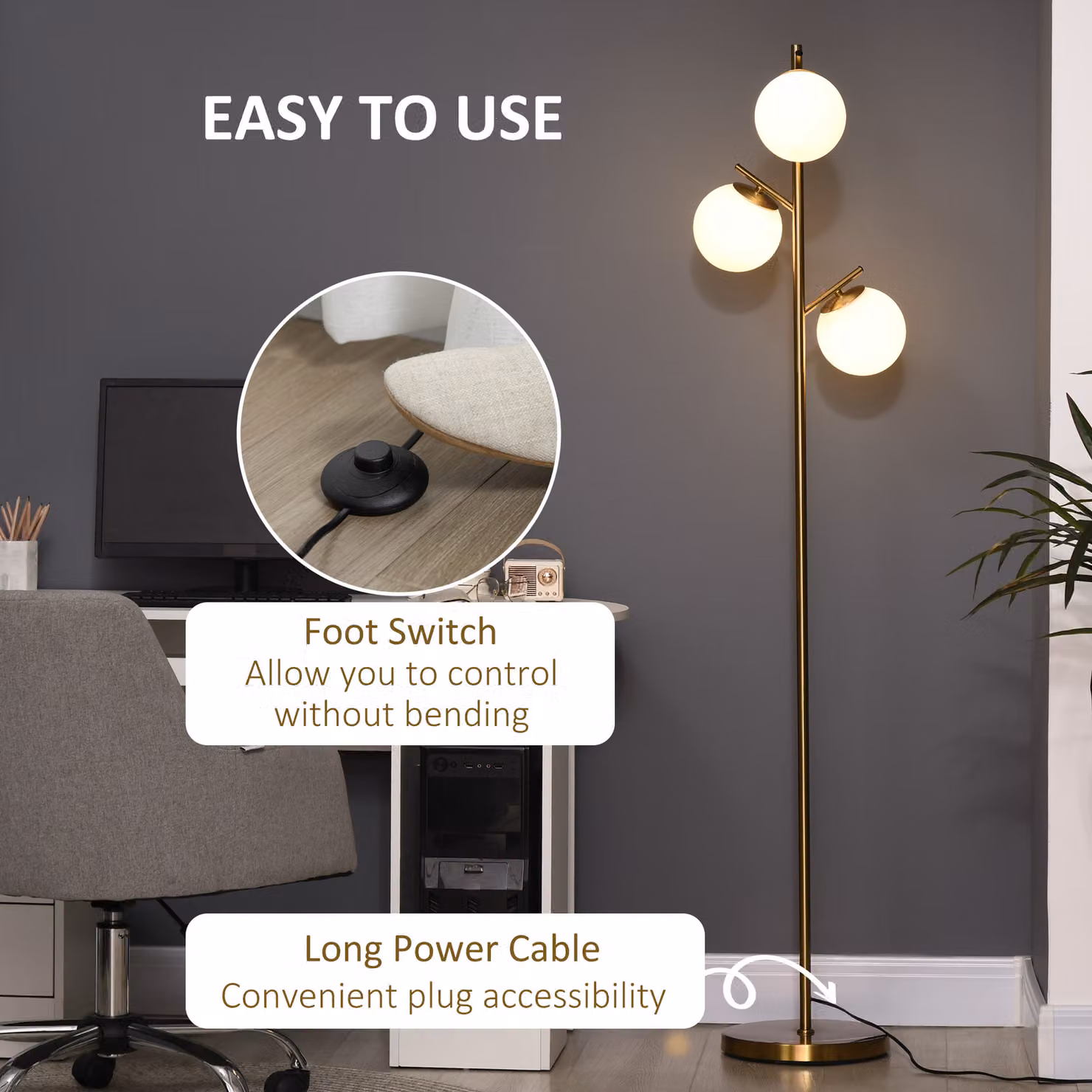HOMCOM Modern 3-Light Tree Floor Lamp with Gold Metal Base and White Glass Globe Shades – 4