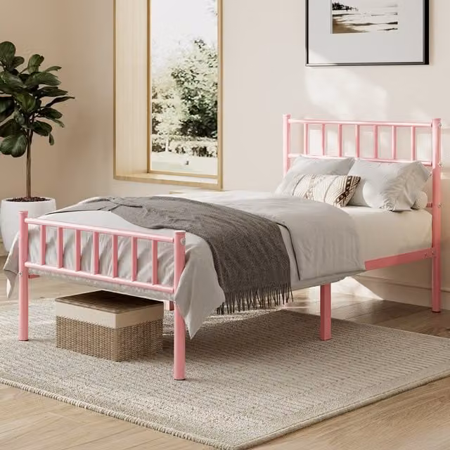 Yaheetech Pink Metal Bed Frame with Industrial Design, W/D/H: 90 x 200 cm