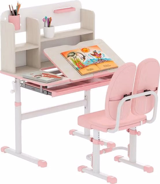 HOMCOM Height Adjustable Kids Desk and Chair Set with Shelf in Pink