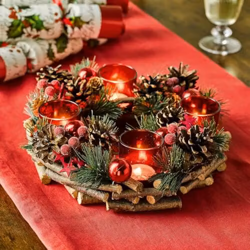 mysmartbuy Festive Red Christmas Candleholder Centrepiece with 4 LED Tealights, H9 x W30 x D30 cm – 1