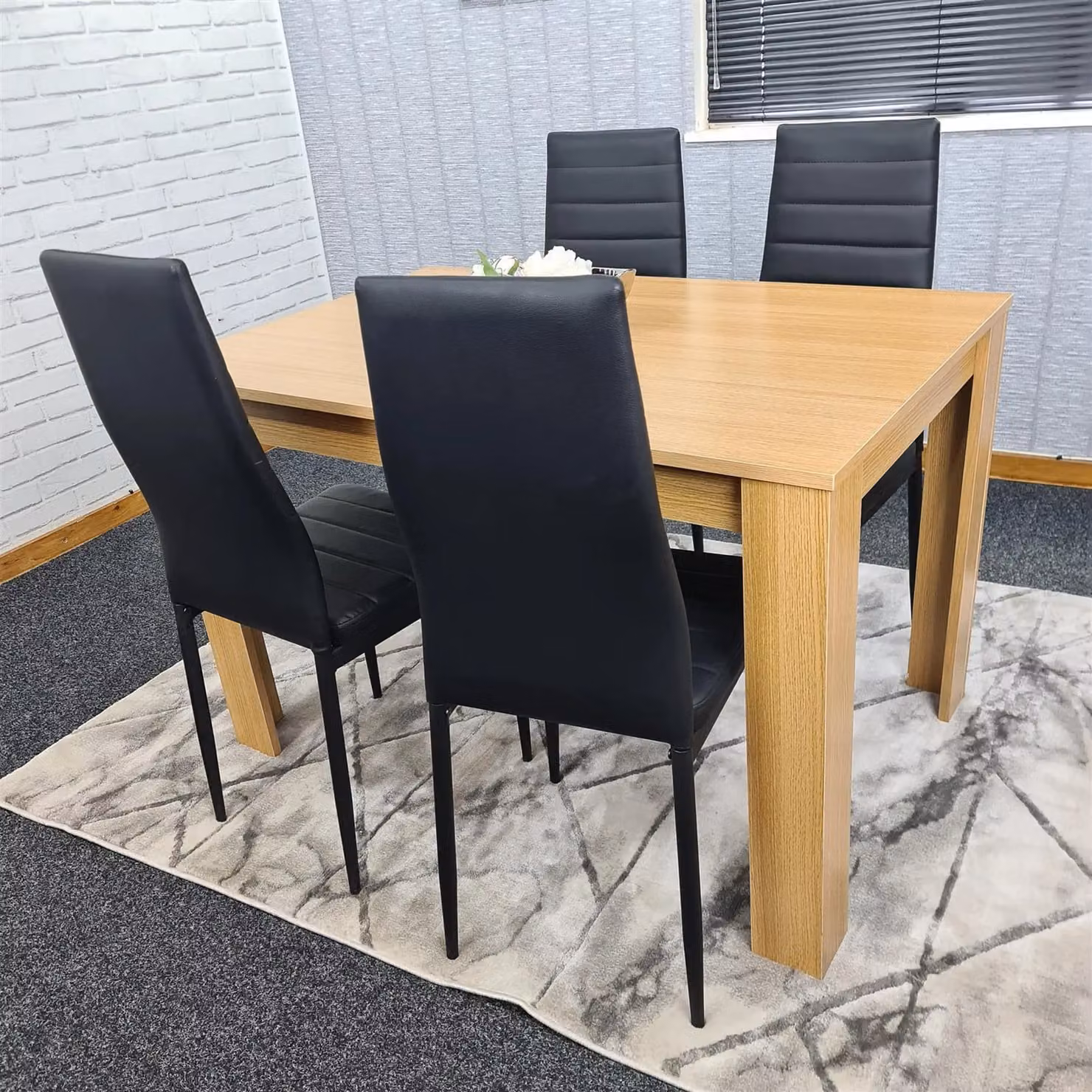 Kosy Koala Oak Effect Dining Table Set with 4 Black Faux Leather Chairs in Brown – 5