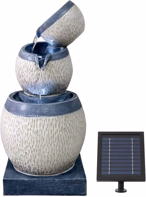 Gardenwize Solar 3-Tier Cascading Round Tabletop Water Feature in Grey and Beige – 1