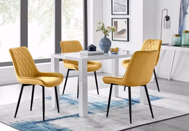 FurnitureboxUK Pivero 4 White Rectangular Dining Table and 4 Pesaro Black Leg Mustard Upholstered Chairs Set