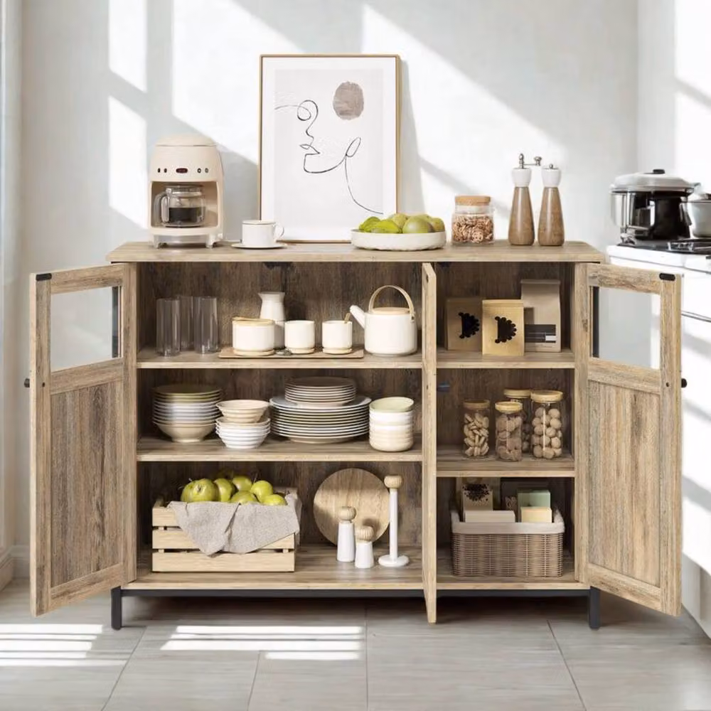 Pirlo Plush Industrial Multipurpose Closed Sideboard Buffet Cabinet in Rustic Brown with Glass Doors – 3