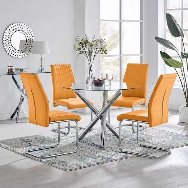 FurnitureboxUK Selina Round Glass and Chrome Dining Table and Four Lorenzo Chairs Set in Yellow – 1