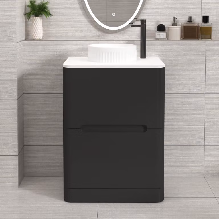 Royal Bathrooms Venice 600mm Matt Nocturne Black Floor Standing 2 Drawer Vanity Unit with Plain White Worktop and Round Basin