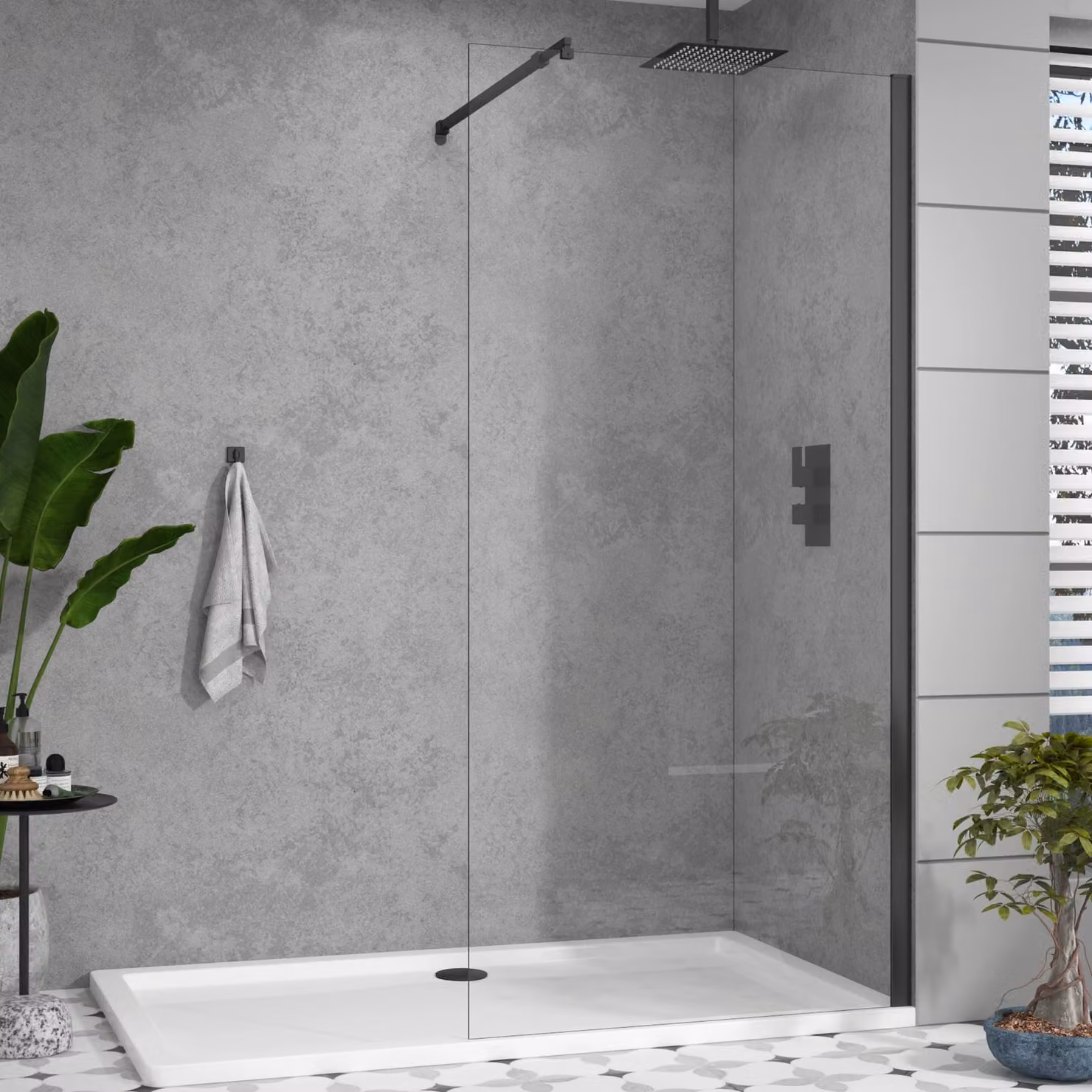 Royal Bathrooms Marbella Walk In Wet Room Shower Screen, Matt Black, W: 100 cm, H: 185 cm, Depth: 8 mm