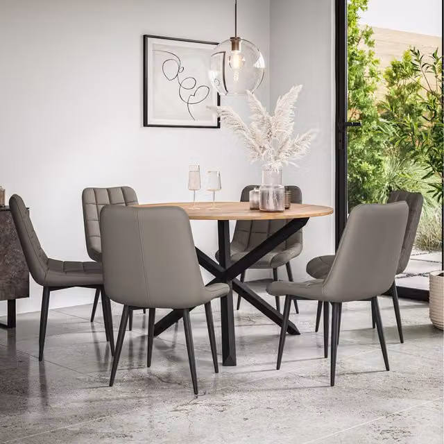 More4Homes Malvern Round Oak Effect Dining Table Set with 6 Grey Nova Faux Leather Chairs